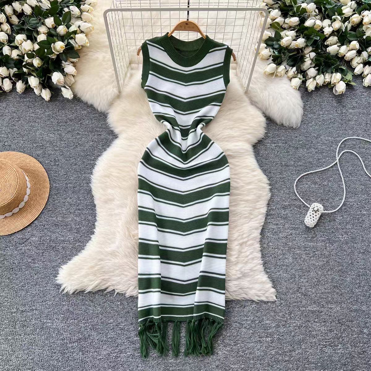 High-End Round Neck Sleeveless Striped Dress with Unique Base and Hip Hugging Long Skirt - Neon North Clothing