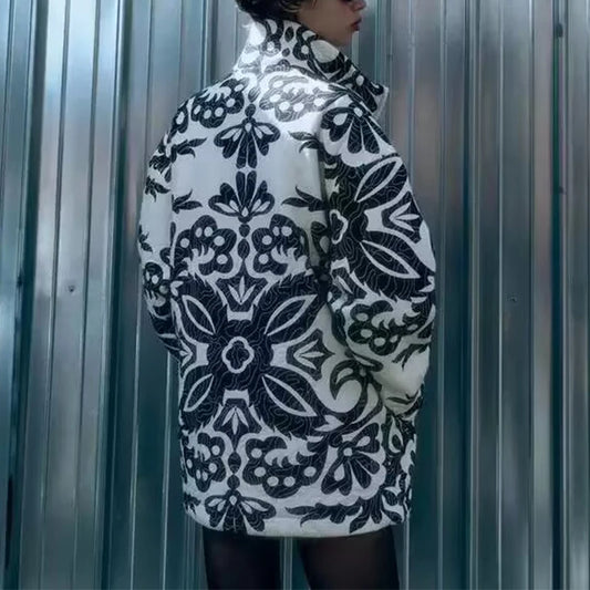Women Black and White Printed Quilted Cotton Parka Jacket - Neon North Clothing