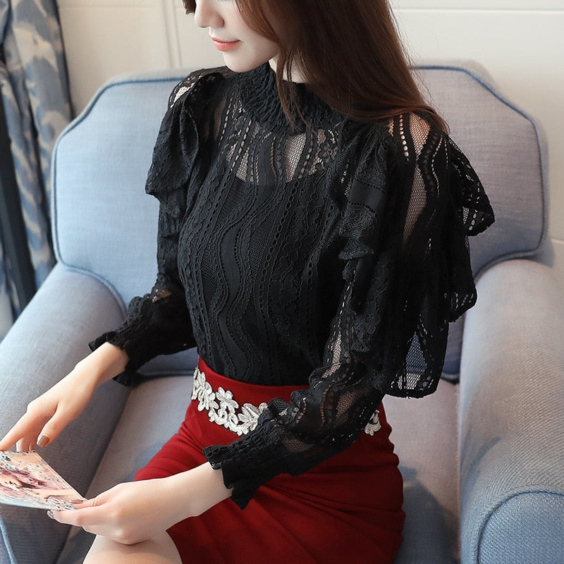 Ruffle Lace Floral Sleeve Blouse with Nine Quarter Sleeve Design - Neon North Clothing