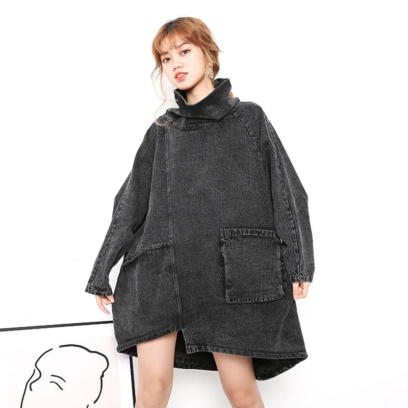 Turtleneck Oversize Denim Sweatshirt Pullover Washing Top - Neon North Clothing
