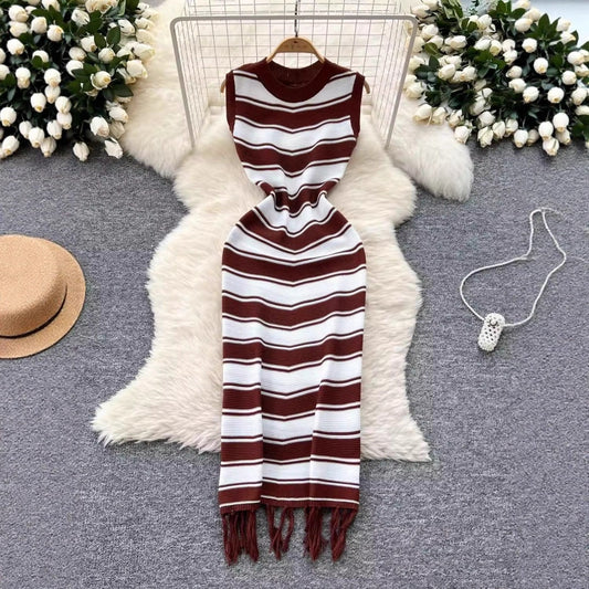 High-End Round Neck Sleeveless Striped Dress with Unique Base and Hip Hugging Long Skirt - Neon North Clothing