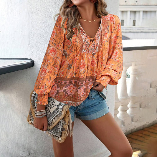 Floral Loose Full Sleeve Streetwear Pullover Blouse - Neon North Clothing