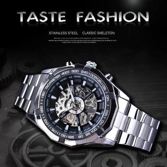 FORSINING Men's Skeleton Watch - Luxury Waterproof Silver Stainless Steel Design