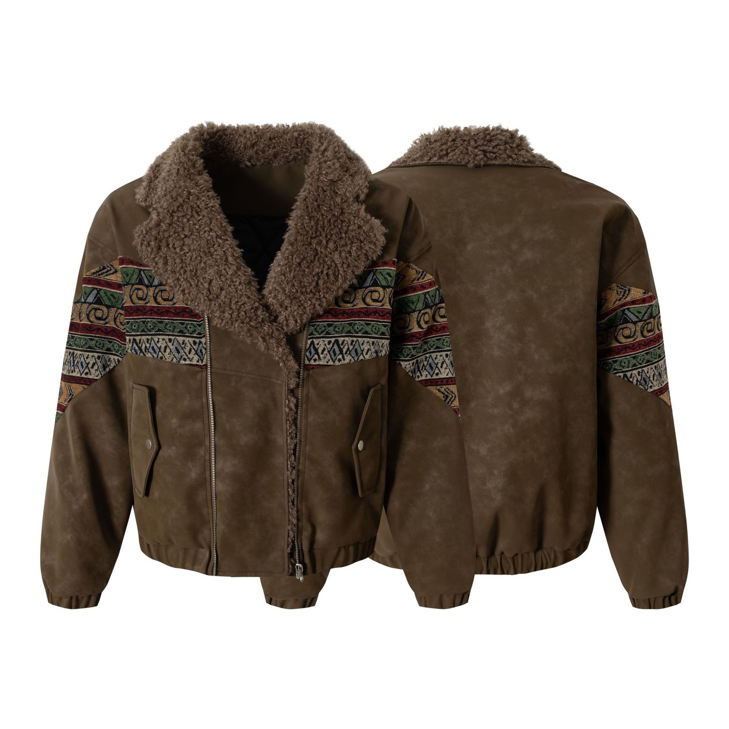 Retro Ethnic Style Woven Belt Splicing Leather Jacket - Neon North Clothing