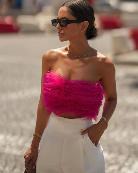 Silk Tulle Backless Blouse with Knitted Exposed Shoulders and Internal Zipper - Neon North Clothing