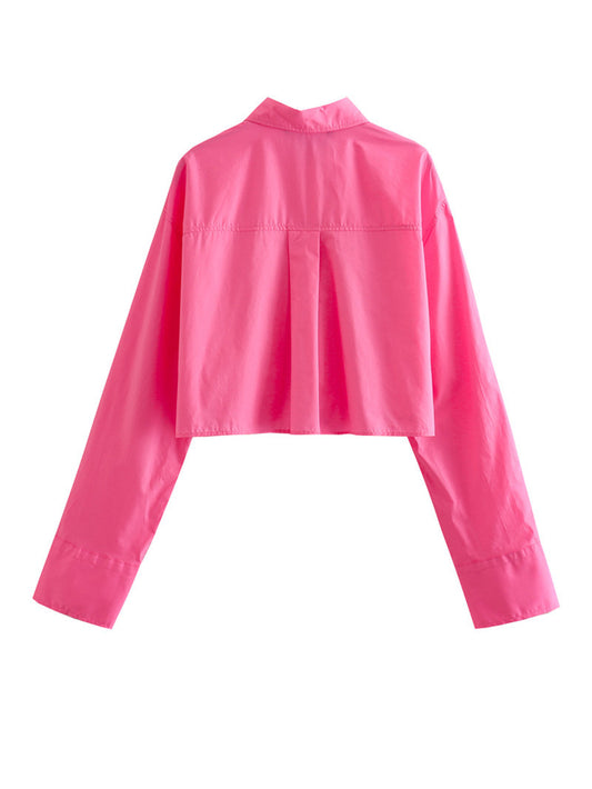 Vintage Cropped Poplin Shirt Blouse with Long Sleeves and Pockets - Neon North Clothing