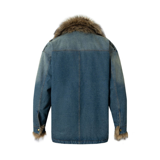 Washed Denim Warm Trucker Jacket with Fur Collar - Neon North Clothing