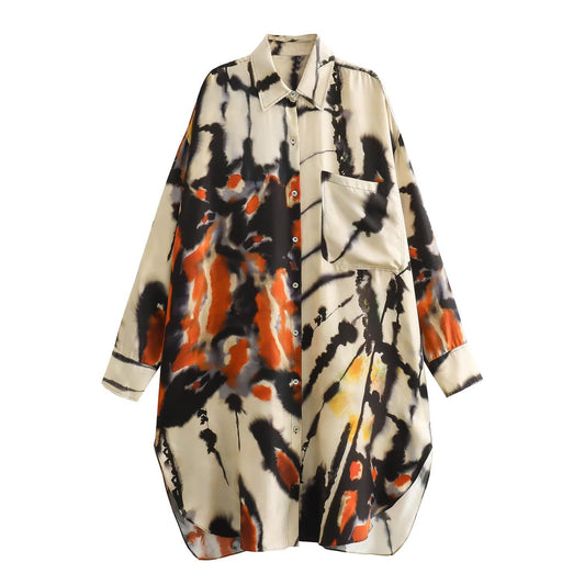 Woman Print Turn Down Collar Single Breasted Blouse - Neon North Clothing