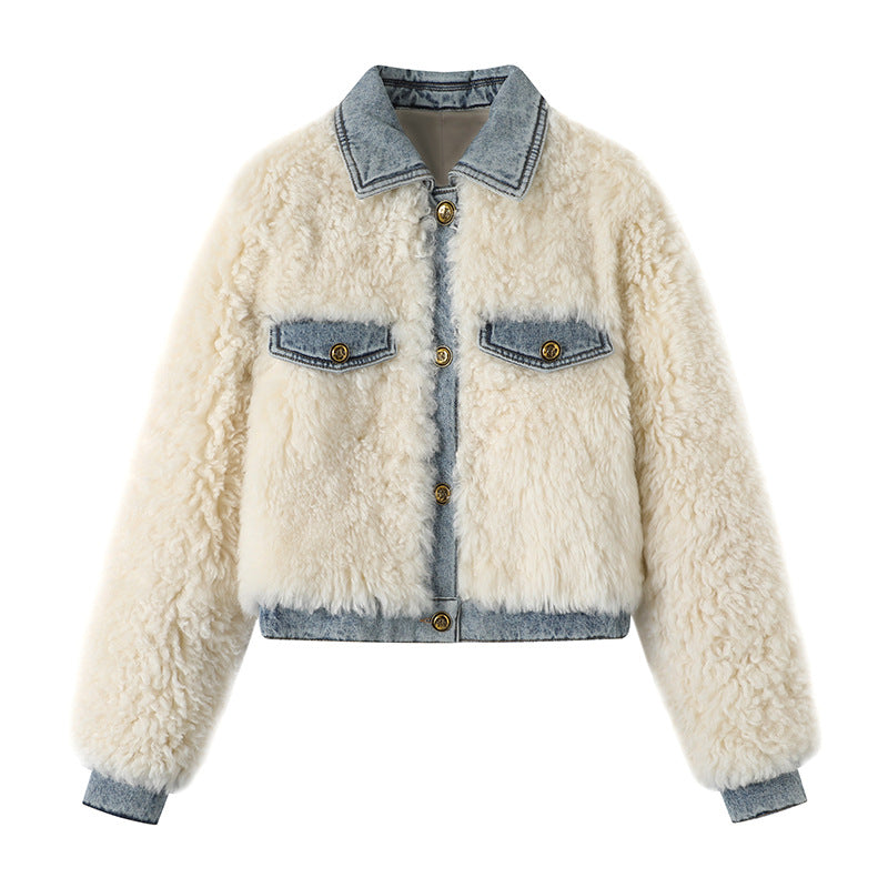 Patchwork Denim Jacket with Plush Thicken Warm Long Sleeve and Gold Buttons