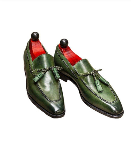 British-style Green Tassel Shoes for Men - Round-toe PU Design