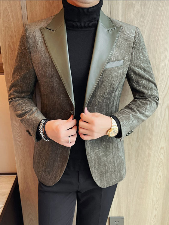Jacquard Velvet Leather Blazer for Men with Stylish Lapel