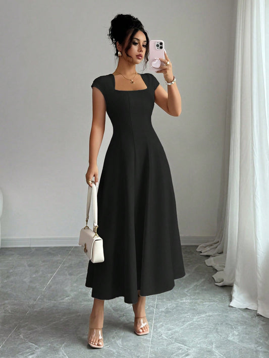 Square Neck Flared Midi Dress with Waist-Cinched Design and Short Sleeves
