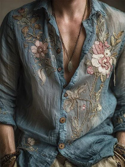 Retro Floral Long-Sleeve Shirt for Men – Casual American-Style Loose-Fitting Print