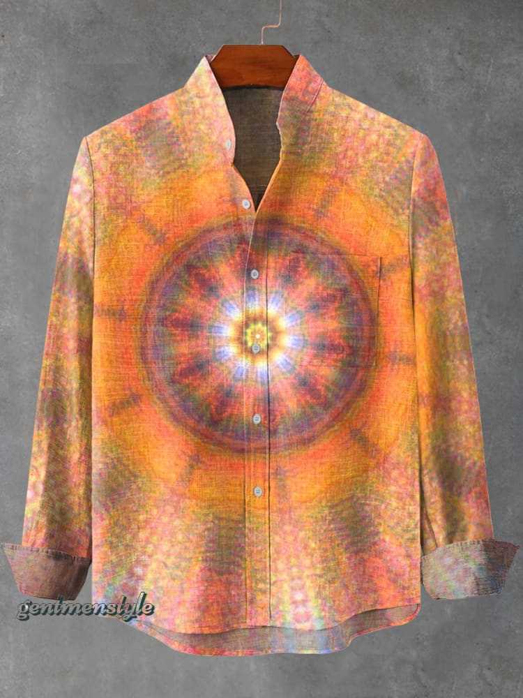 Mens Linen Collar Striped Shirt with Irregular 3D Print - Long Sleeve Relaxed Fit