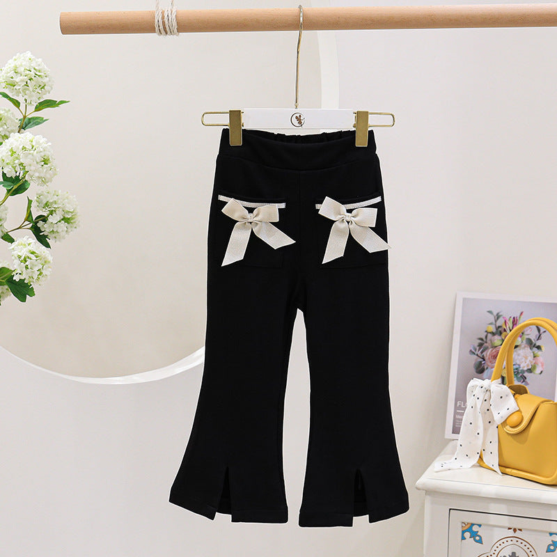 Girl Bow Heart Outfit - Cotton Two-Piece Shirt and Flared Pants Set for Girls