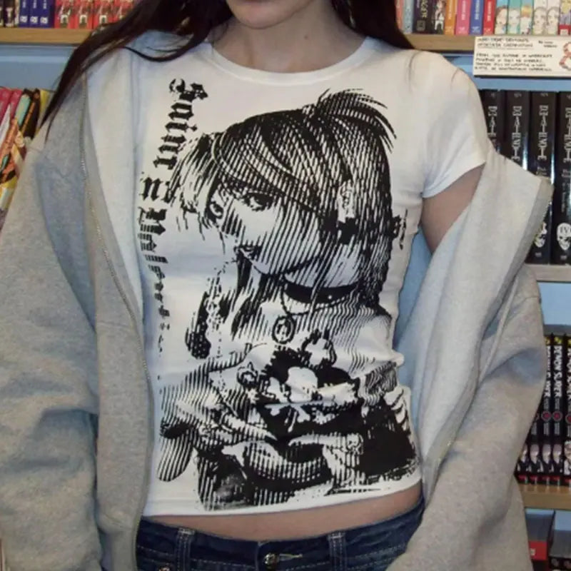 Camiseta corta vintage, estética emo, camiseta casual
