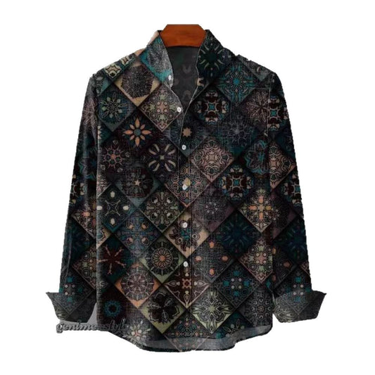 Mens Linen Collar Striped Shirt with Irregular 3D Print - Long Sleeve Relaxed Fit