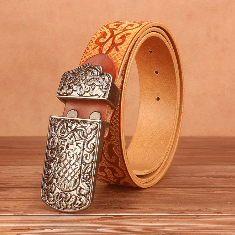 Ethnic Style Cowhide Waistband with Auspicious Pattern Embossed in Head Layer Leather