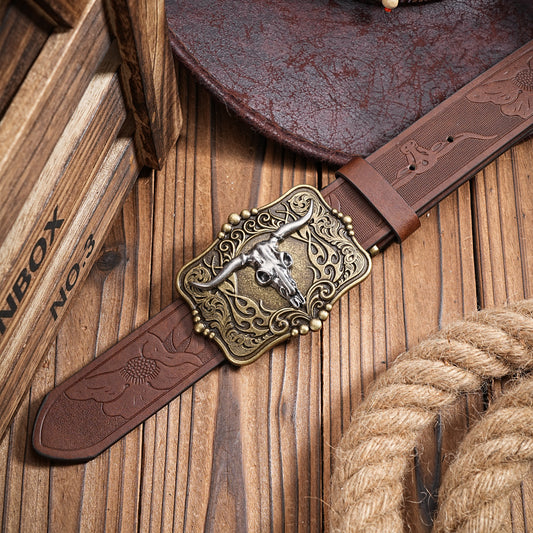 Belt Brown Men's Leather Belt with Bull Skull Embossed Retro Style - Neon North Clothing