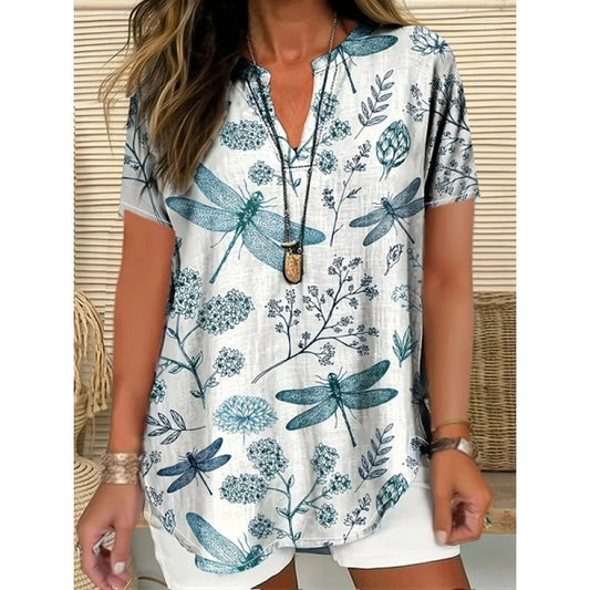 3D Printed Women's V-neck Top - Loose Short Sleeve Design