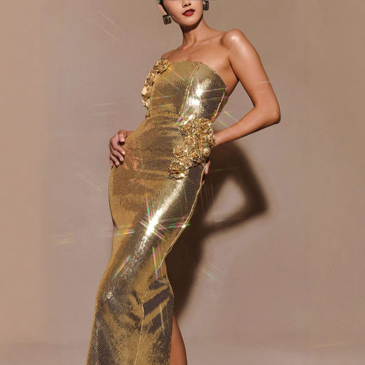 Womens Floral Tube Dress with Golden 3D Design for an Elegant Summer Look - Neon North Clothing