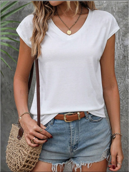 Solid Color V-Neck T-Shirt - Short-Sleeved Simplicity Top