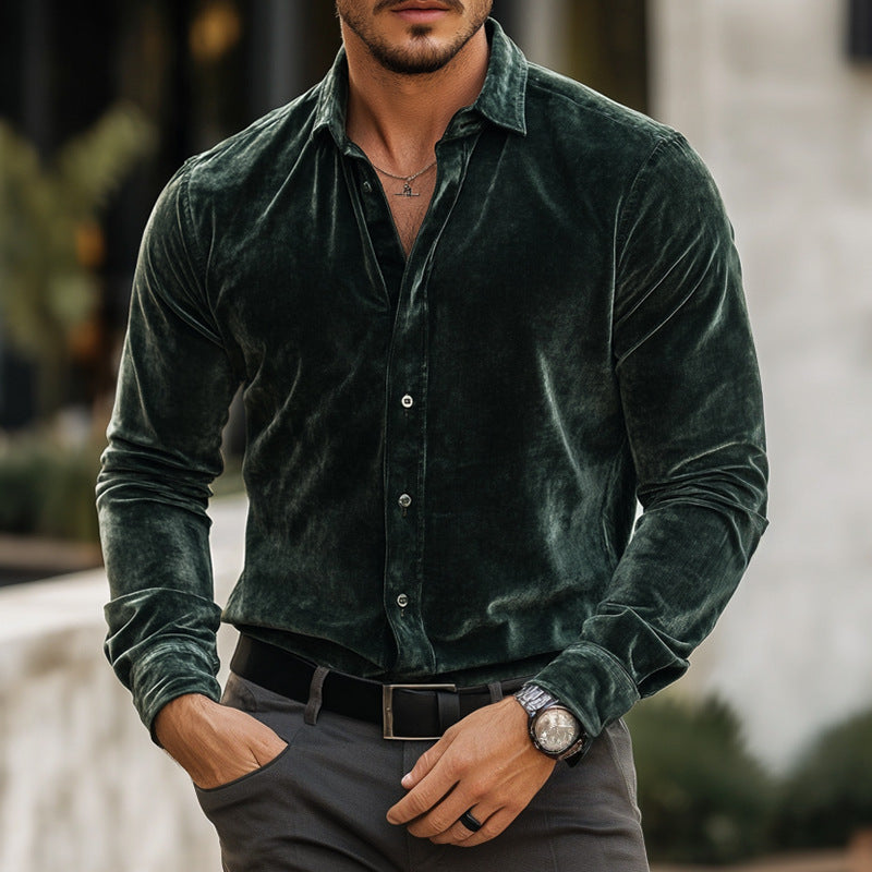Velvet Long Sleeve Shirt - Loose Fit Solid Color Style