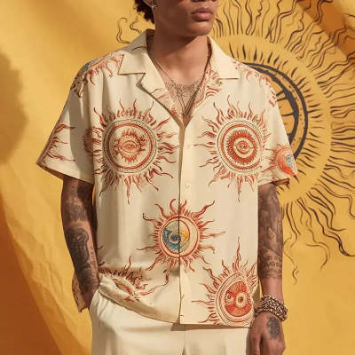 Printed Short-Sleeve Shirt with Casual Sun Rays Design