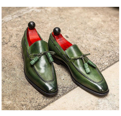 British-style Green Tassel Shoes for Men - Round-toe PU Design