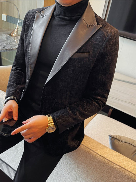 Jacquard Velvet Leather Blazer for Men with Stylish Lapel