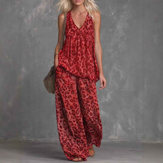 Womens Loose-Fitting Leopard Print Women's Clothing Set with Sleeveless Top and Chiffon Pants