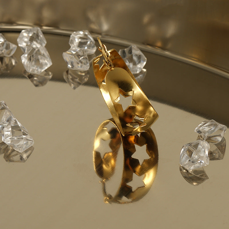 Stainless Steel Gold-Star Earrings with 18K Gold Retro Hollow-Out Design