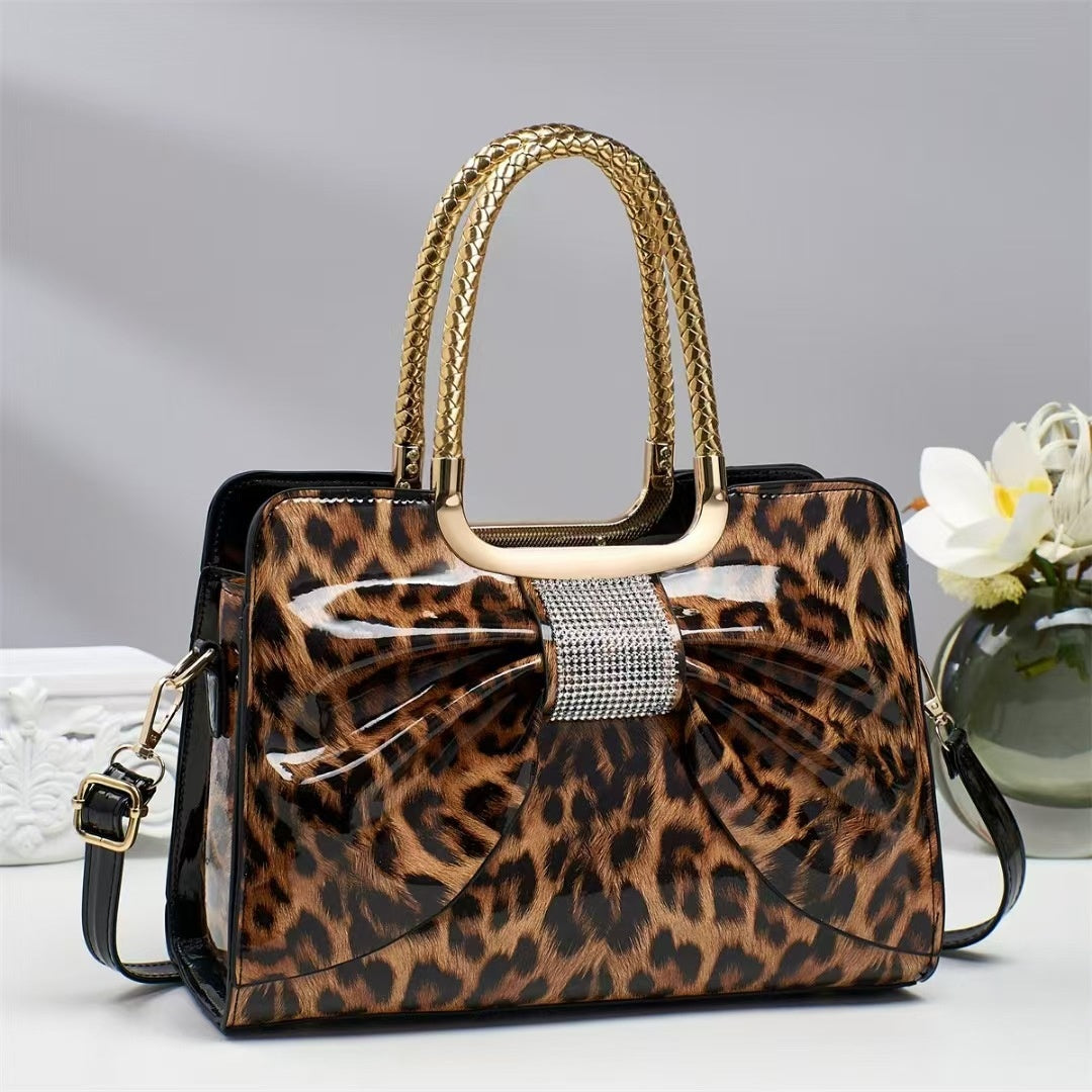 Hot-stone Embellished Versatile Chic Leopard-print Womens Bag