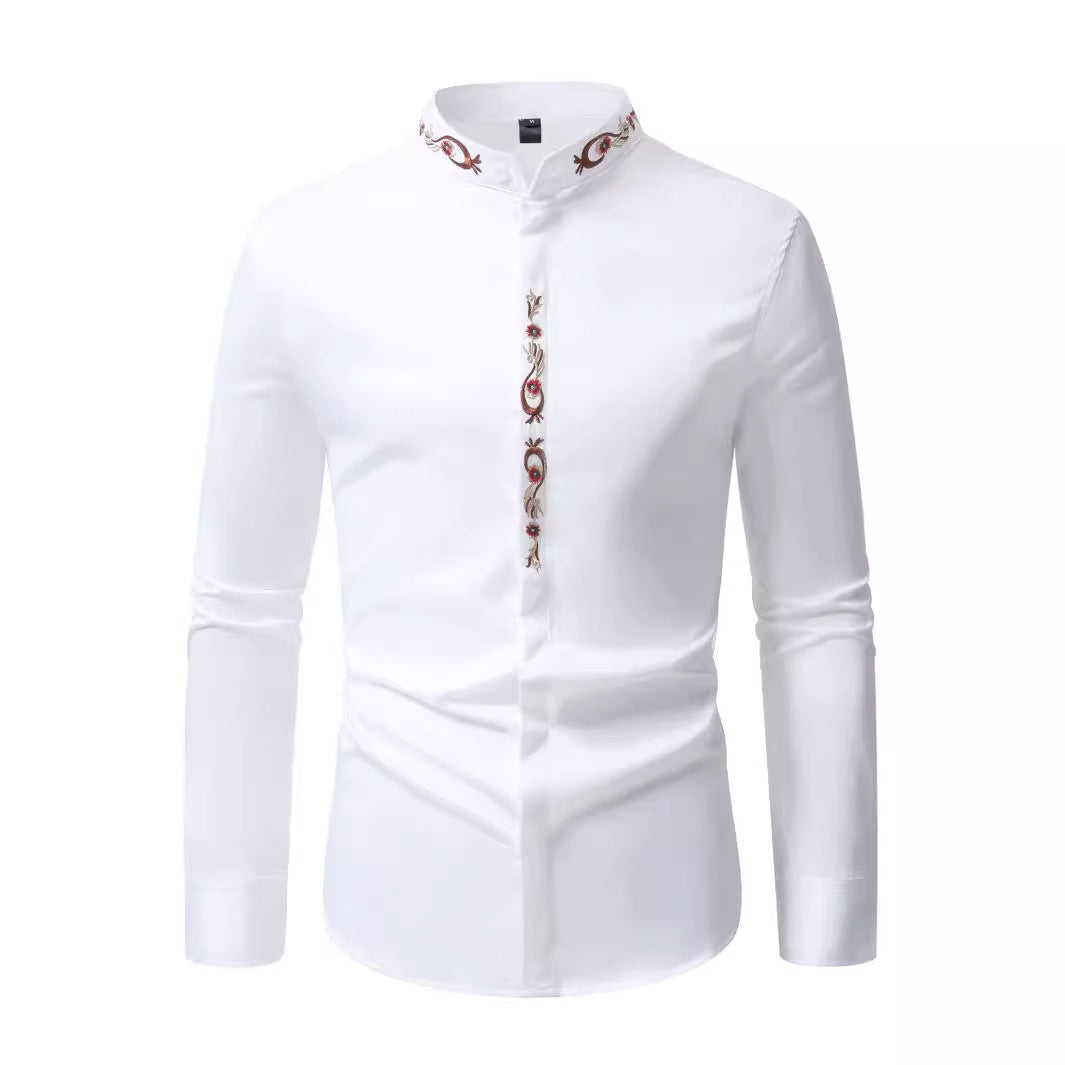 Mens Embroidered Casual Long-Sleeve Shirt - Slim Fit Fashion Collar