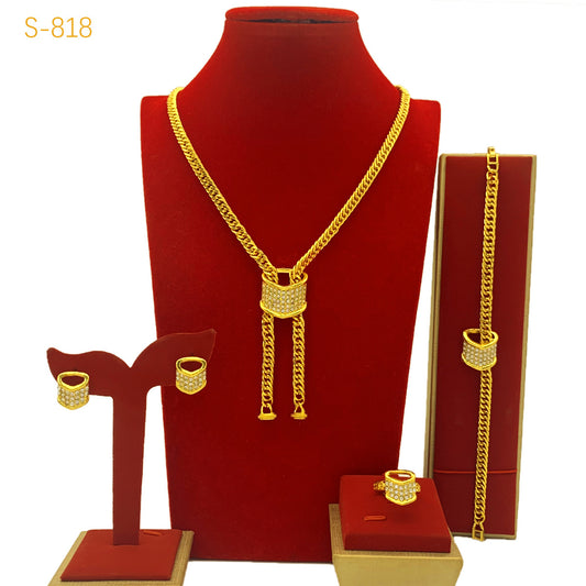 Dubai Bride Gold-plated Jewelry Set - 24k Gold-plated Necklace, Bracelet, Earring, and Ring Four-piece Set