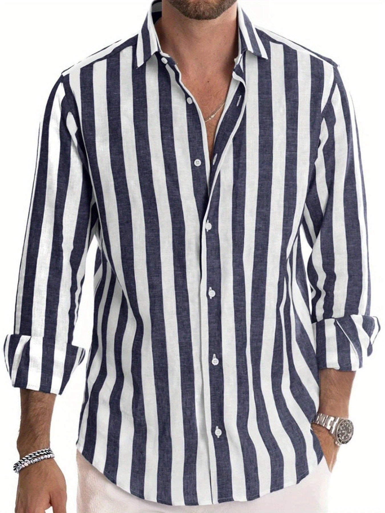 Mens Long-Sleeve Striped Button-Down Shirt - Stylish Slim Fit