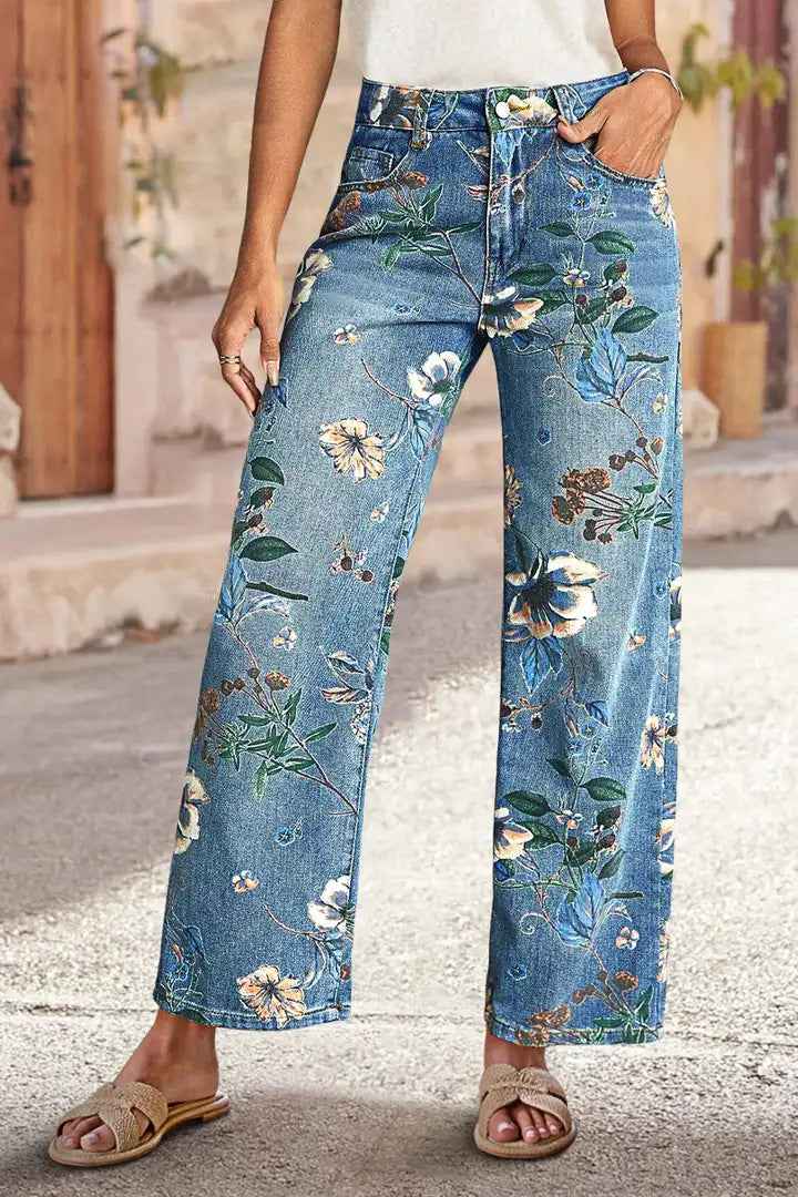 High Waist Floral Jeans - Vintage Floral Print Straight Leg Denim Pants