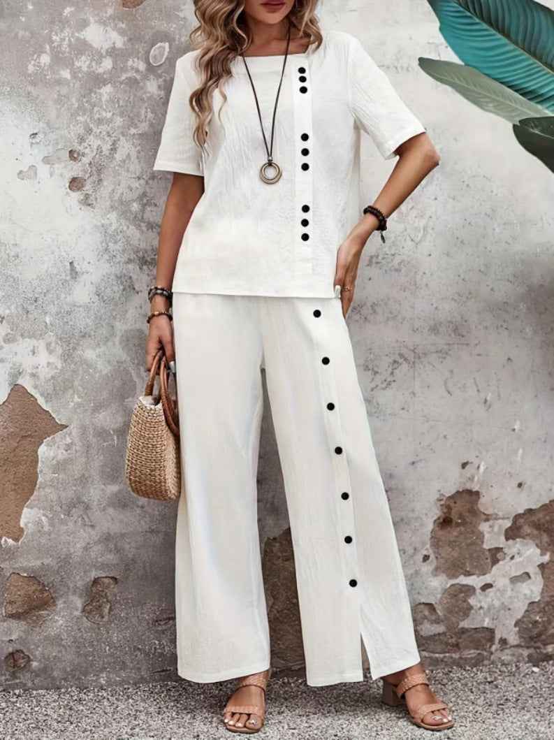 Two-piece Women's Outfit: Short-sleeve Button-up Top & Loose-fit Style