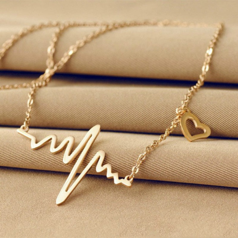 Simple Wave Heart Heartbeat Gold Pendant Charm Necklace - Neon North Clothing