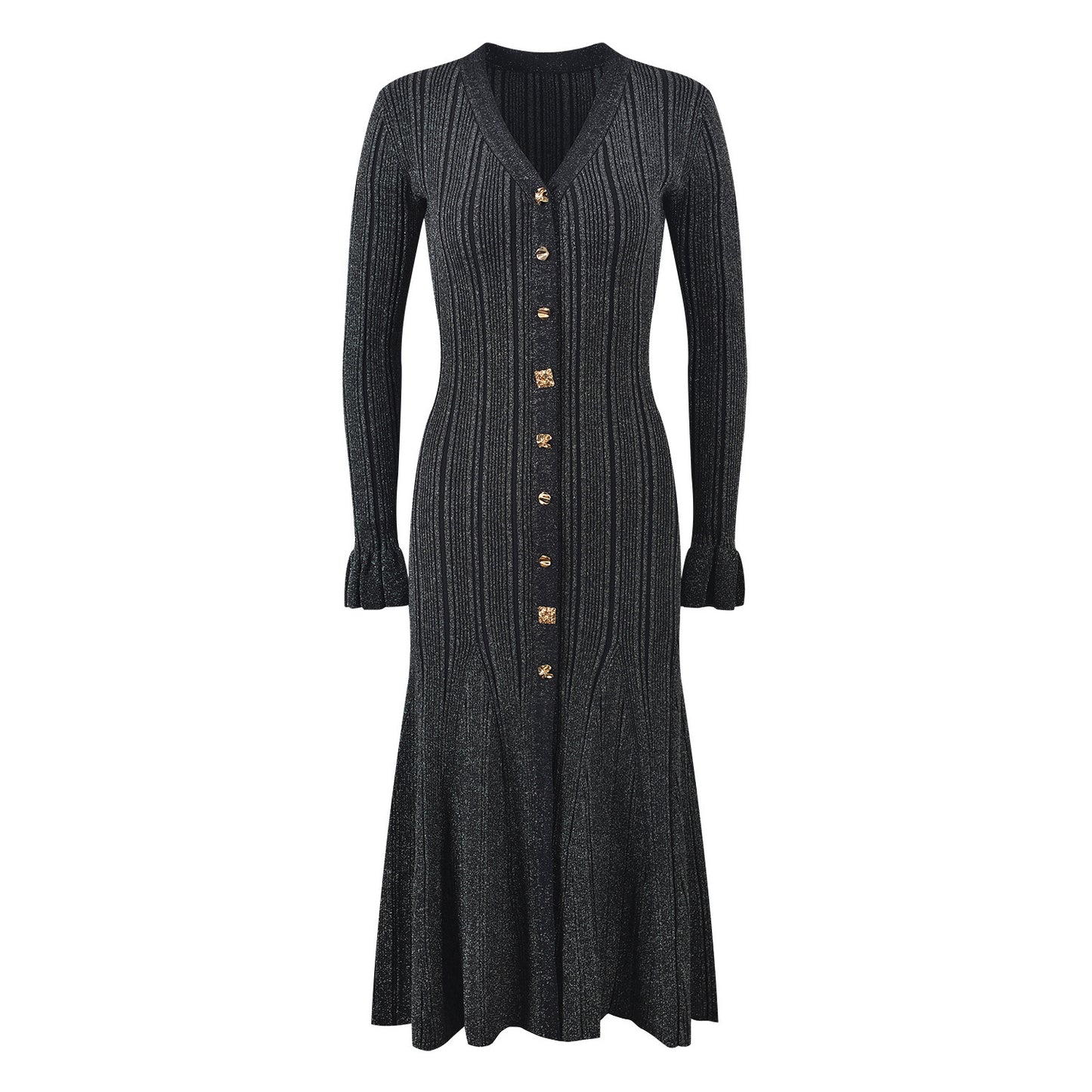Elegant Luxury Shimmer V-Neck Long Sleeve Fitted Waist Knit Dress - Neon North Clothing