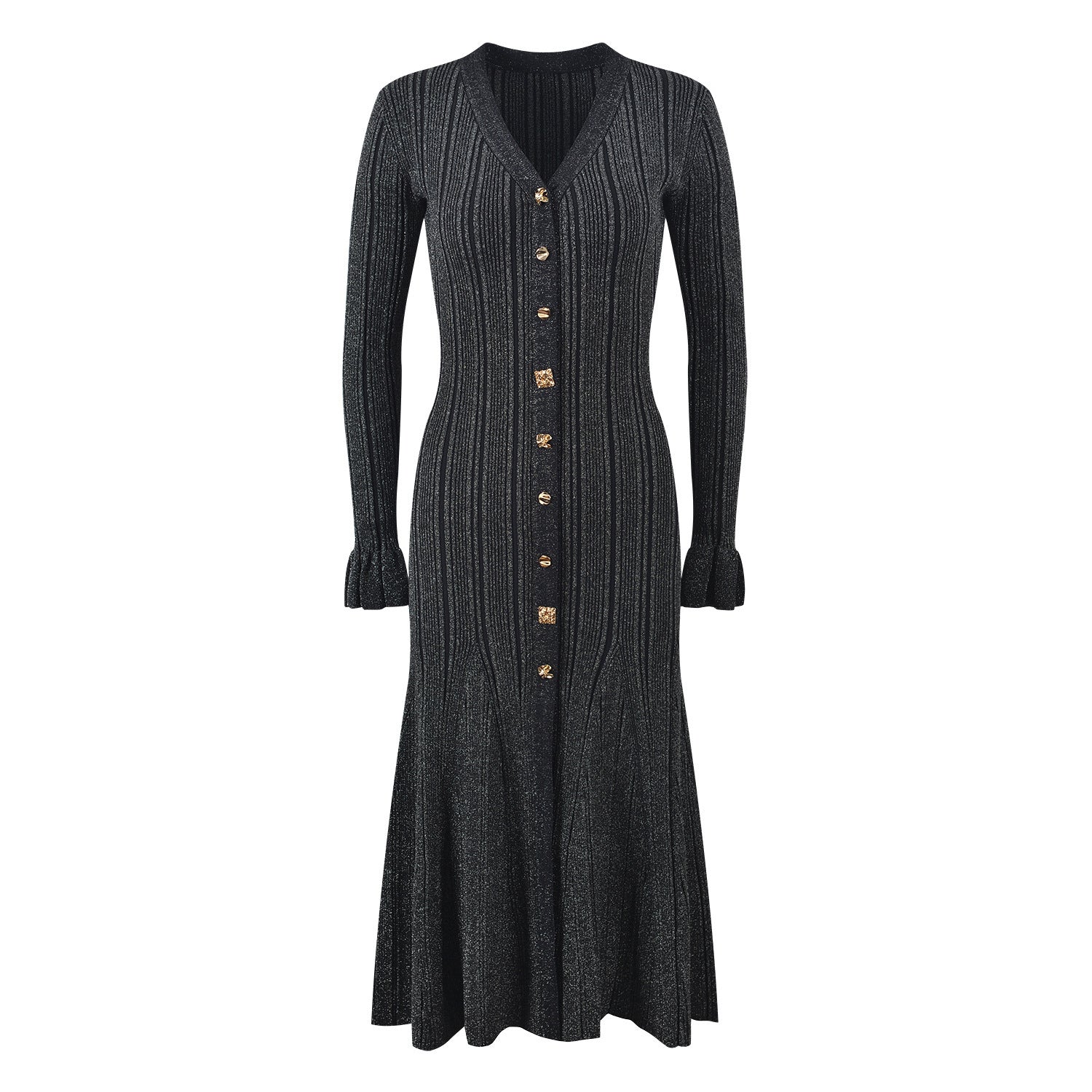 Elegant Luxury Shimmer V-Neck Long Sleeve Fitted Waist Knit Dress - Neon North Clothing