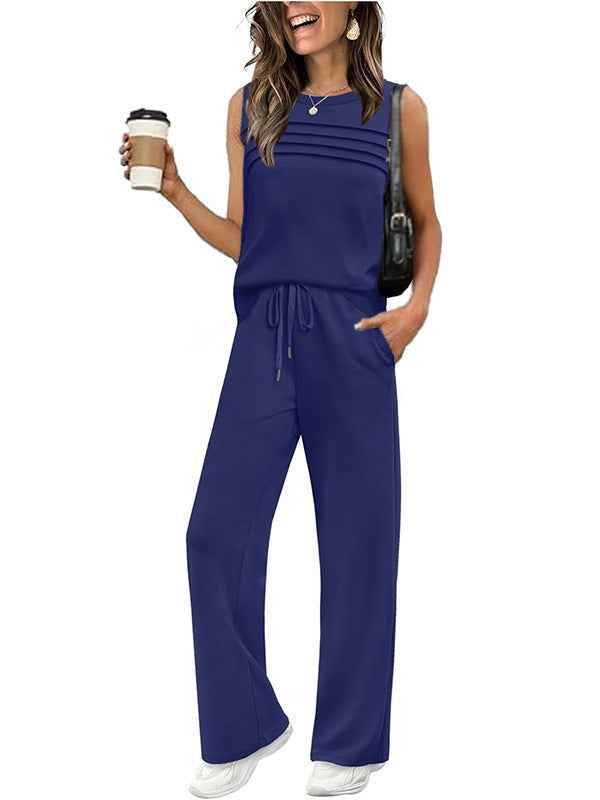 Womens Pleated Vest Top Set - Stylish Two-Piece Outfit for Effortless Chic