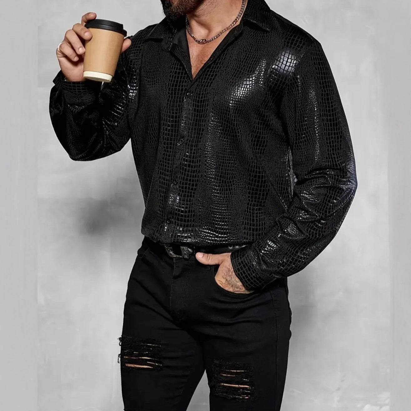 Men's Crocodile-Print Long-Sleeve Shirt for Casual Style