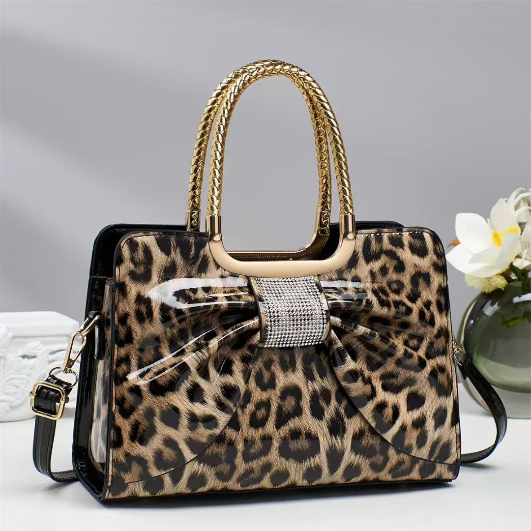 Hot-stone Embellished  Versatile Chic Leopard-print Womens Bag