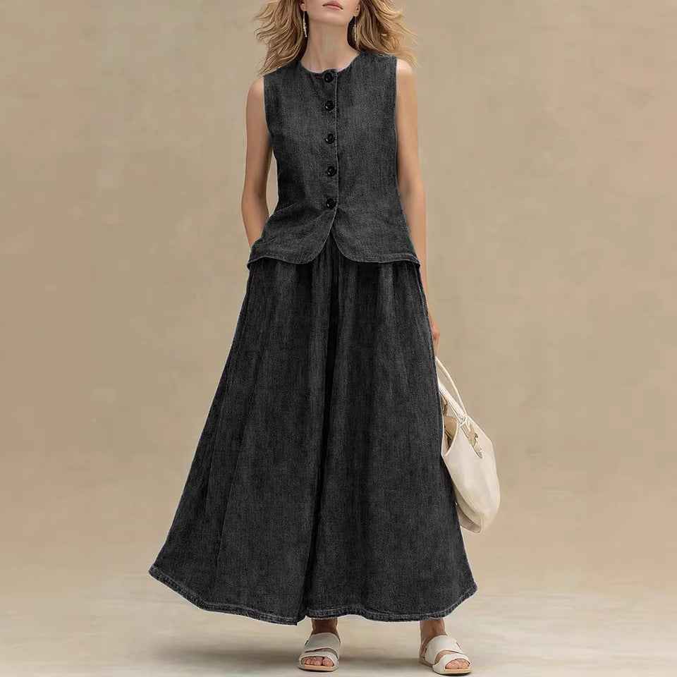 Womens Denim Top and Skirt Set: Crew-Neck Denim Top with High-Waist A-Line Skirt