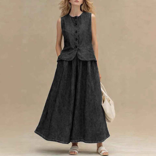 Womens Denim Top and Skirt Set: Crew-Neck Denim Top with High-Waist A-Line Skirt