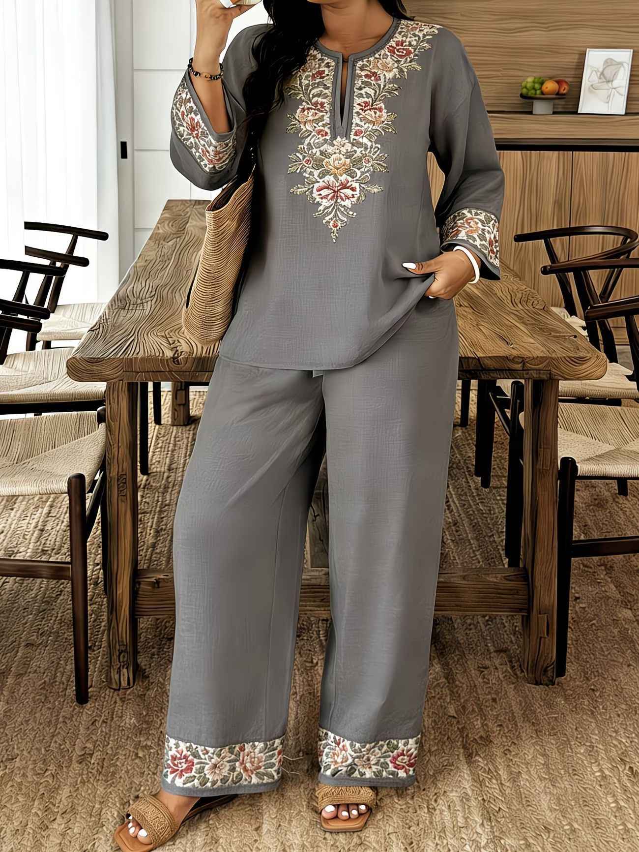 Middle Eastern Lace Floral Set - Elegant Long-sleeve Ethnic-style Fashion