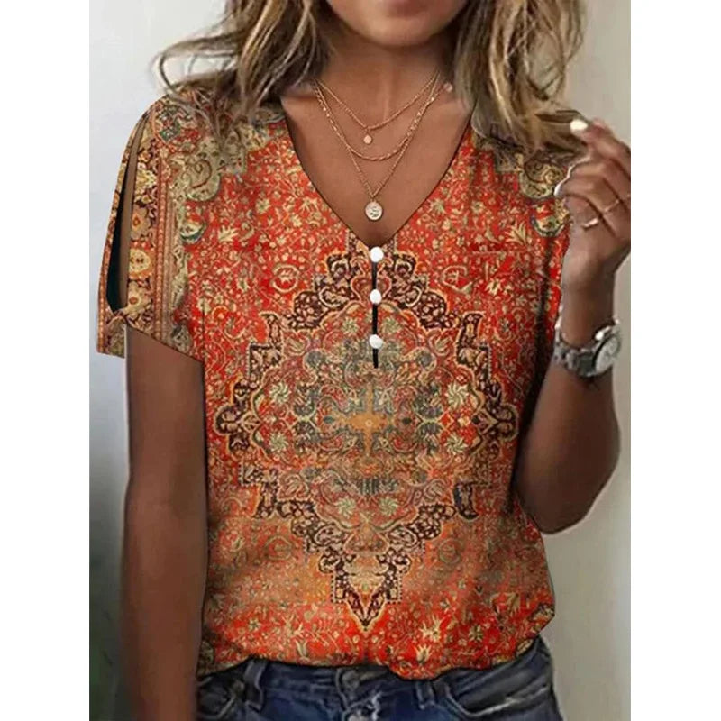 V Neck Vintage Top Short Sleeves Button Streetwear Top - Neon North Clothing