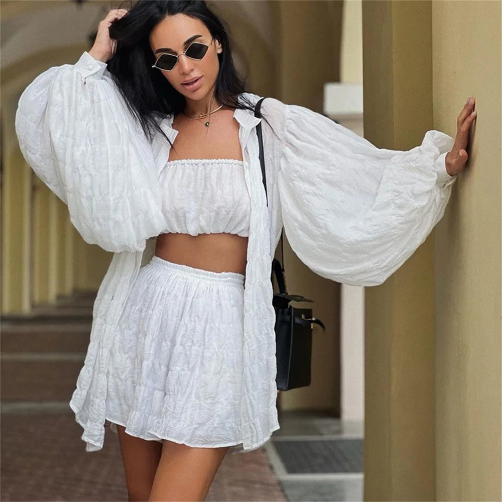 White Cardigan Shorts Suit - 3 Piece Lantern Long Sleeve Top and Shorts Set - Neon North Clothing