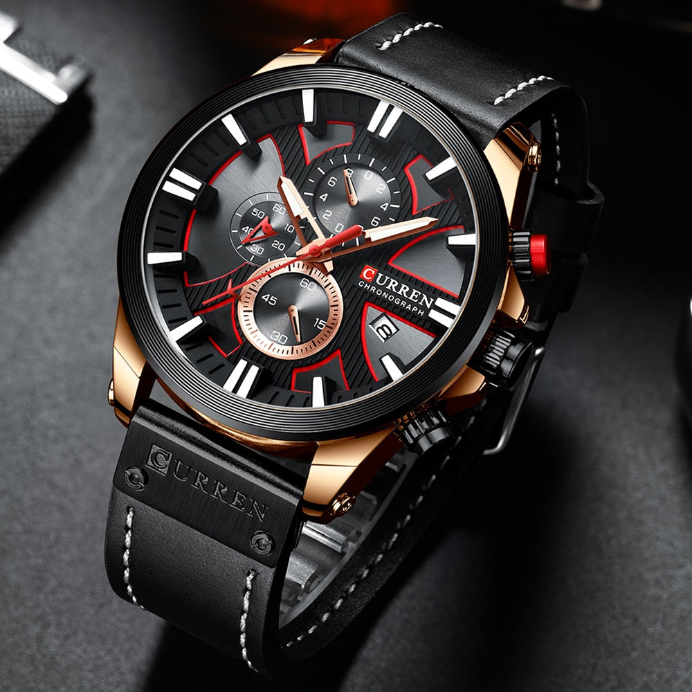 CURREN Chronograph Watch with Leather Strap and Quartz Movement - Neon North Clothing